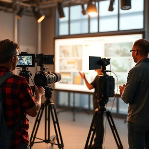 Et filmhold optager en scene med en person der præsenterer en bæredygtig teknologisk løsning