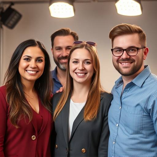 Et gruppebillede af Stjerne Interview Studios teamet, stående smilende foran et af deres studier.
