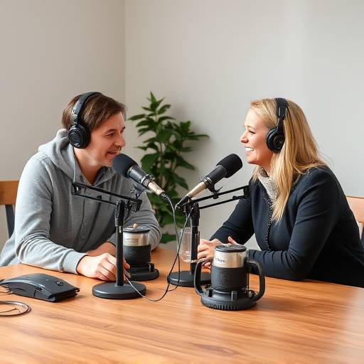 Et stillbillede fra et podcast interview med to personer siddende ved et bord med mikrofoner