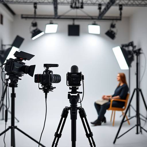 Professionelt interviewstudie med kamera, lys og mikrofoner